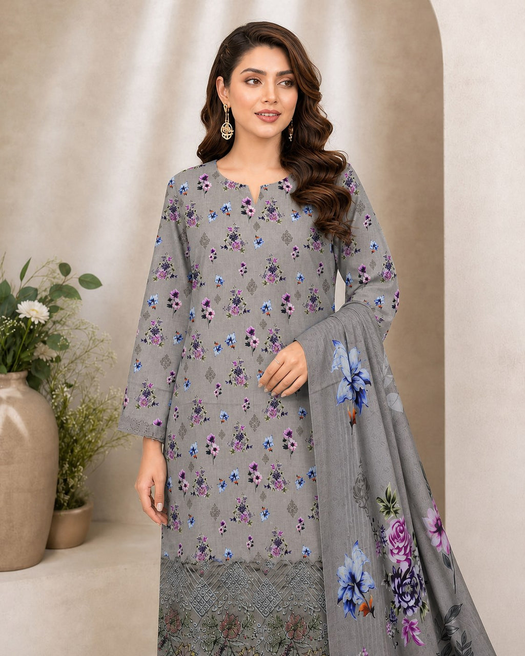Silver Grey Floral Digital Lawn 3-Piece Suit – Vol. 531