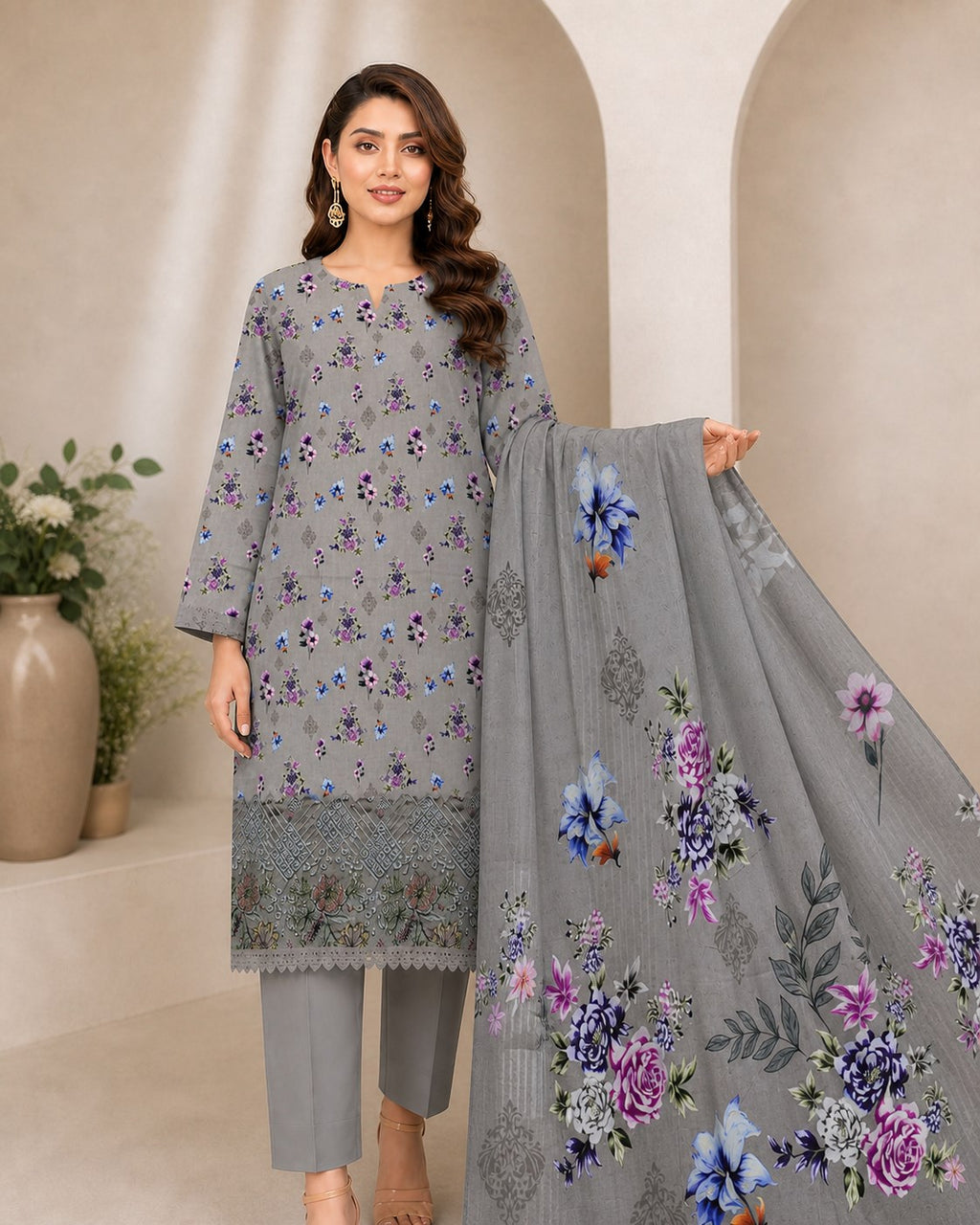Silver Grey Floral Digital Lawn 3-Piece Suit – Vol. 531
