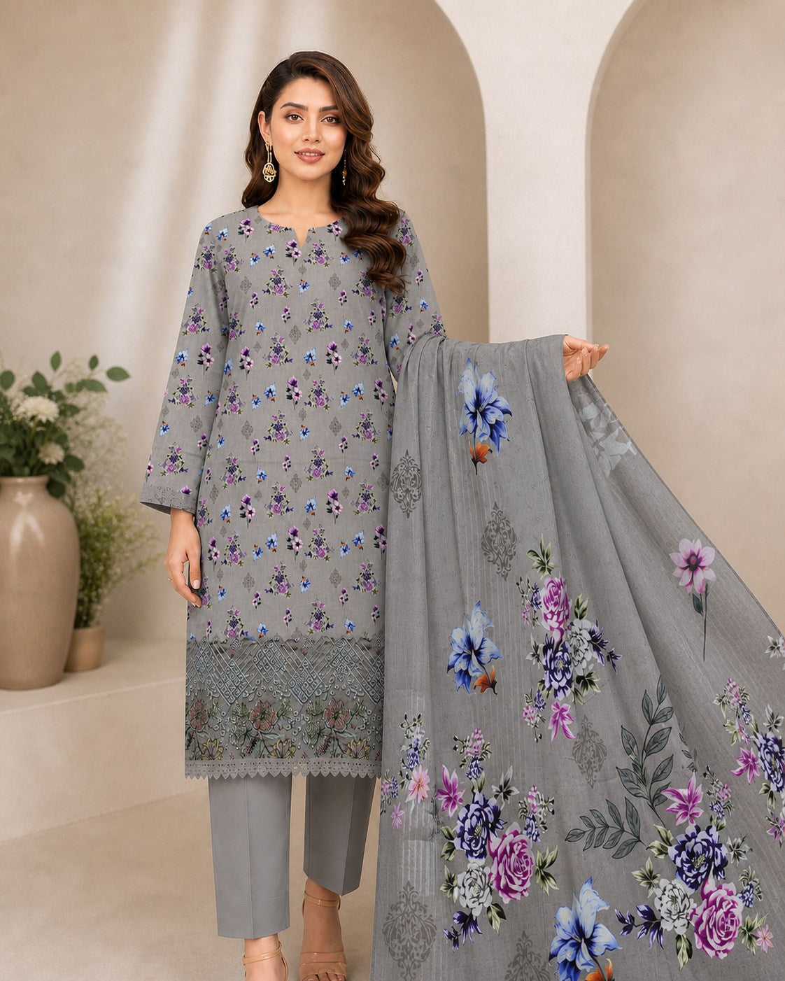 Silver Grey Floral Digital Lawn 3-Piece Suit – Vol. 531