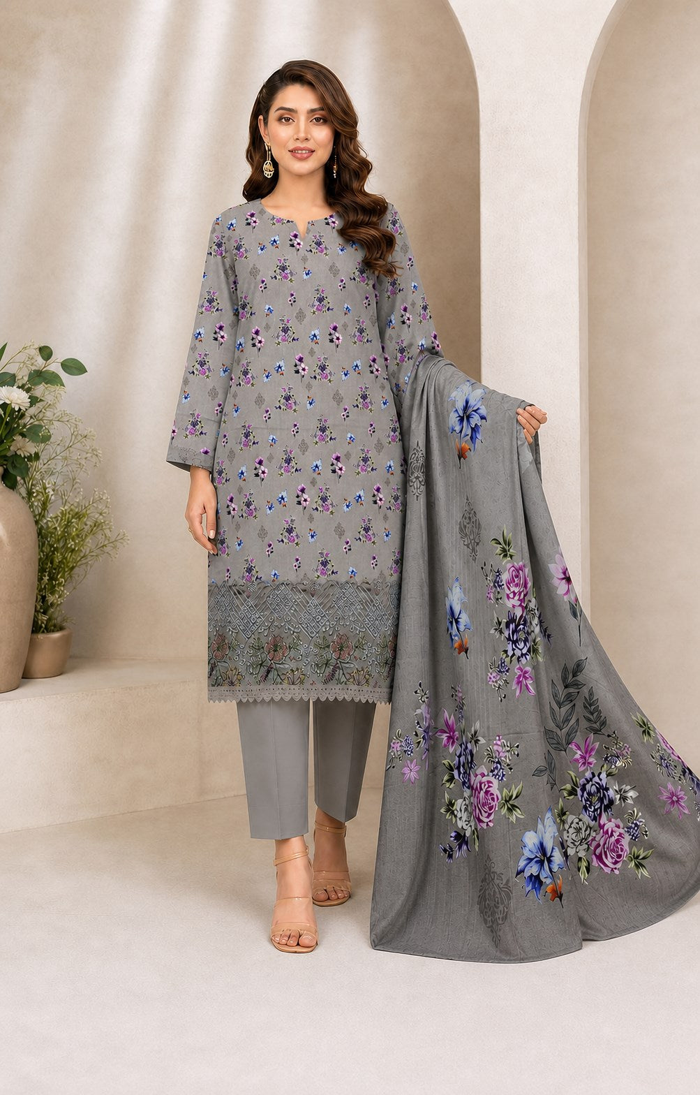 Silver Grey Floral Digital Lawn 3-Piece Suit – Vol. 531